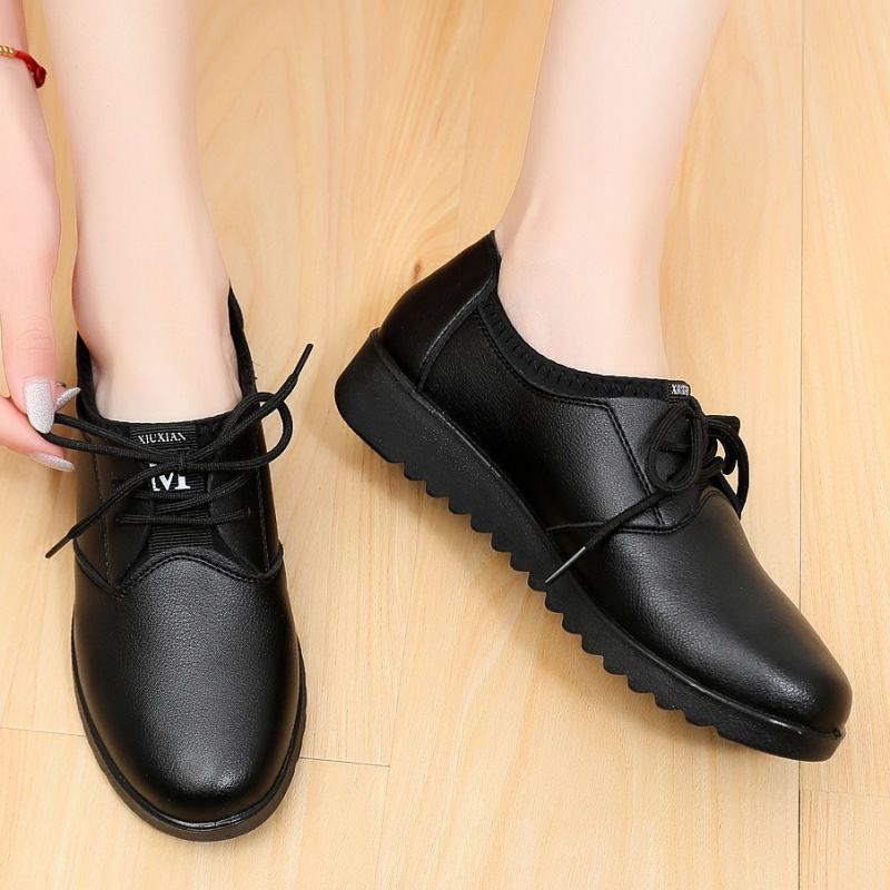Leather Work Flats Women - Solid Black Oxford Shoes Woman Work