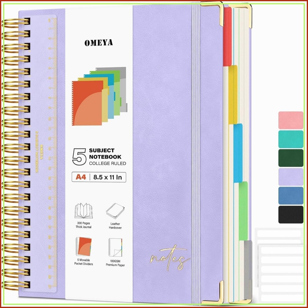Leatherwork Products - A4 Leather 5-Subject Notebook, 300 Pages