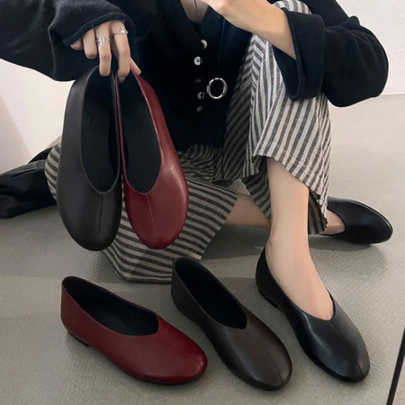 Leather Work Flats Women - 2026 Spring New Women's Burgundy Slip-On