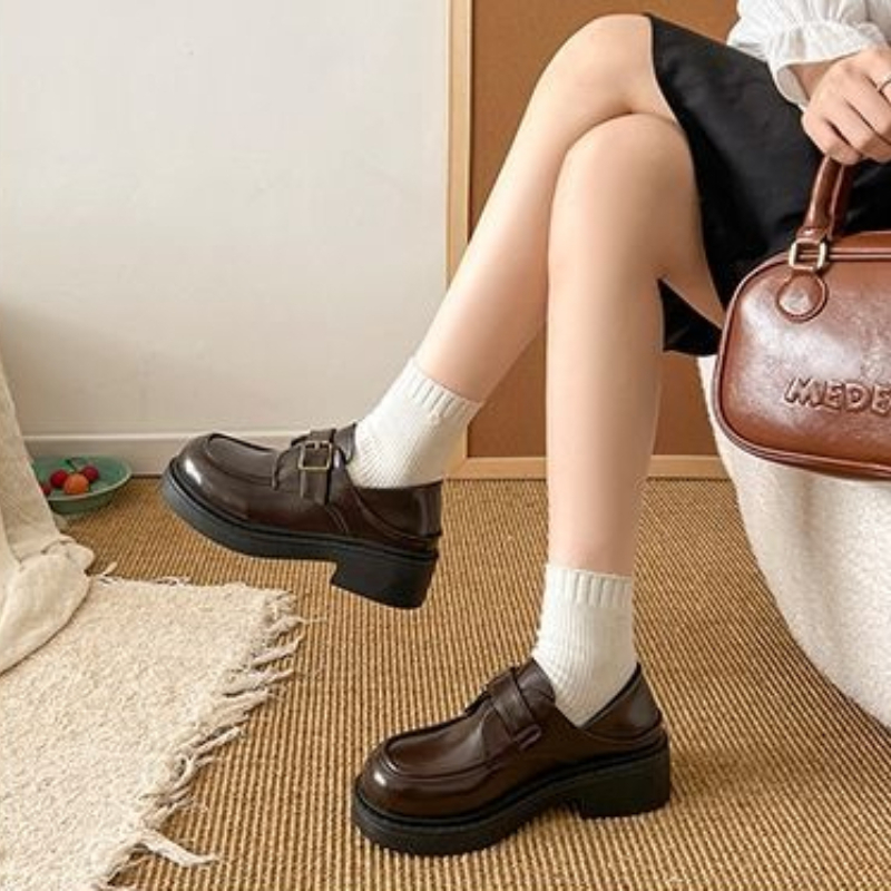 Brown British Style Leather Sh - Leather Work Flats Women 评论和价格